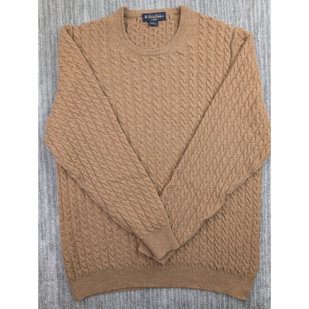 Brooks Brothers Saxxon Cable Knit Sweater Men's L Camel Brown Wool Italy